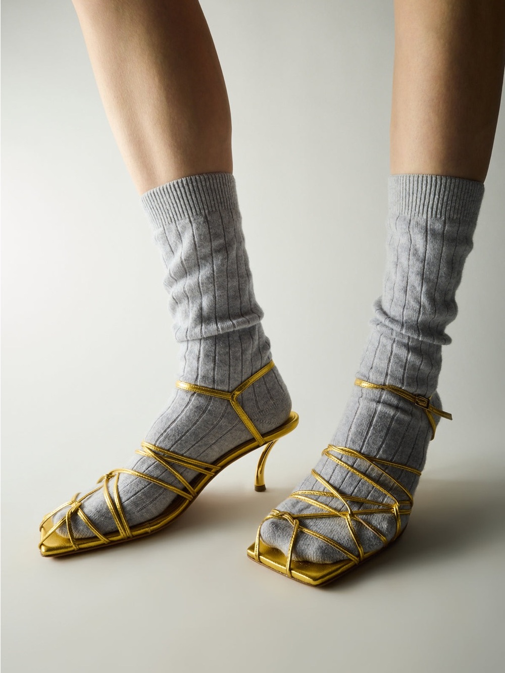 Tibi Gold Strappy Kitten Heel Sandals
